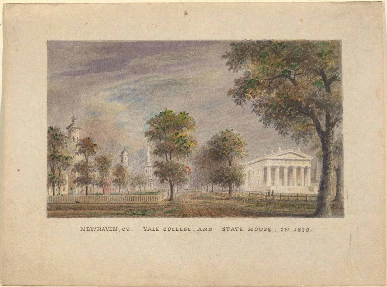 New Haven CT. Yale College och State House 1830 av Alexander Jackson Davis