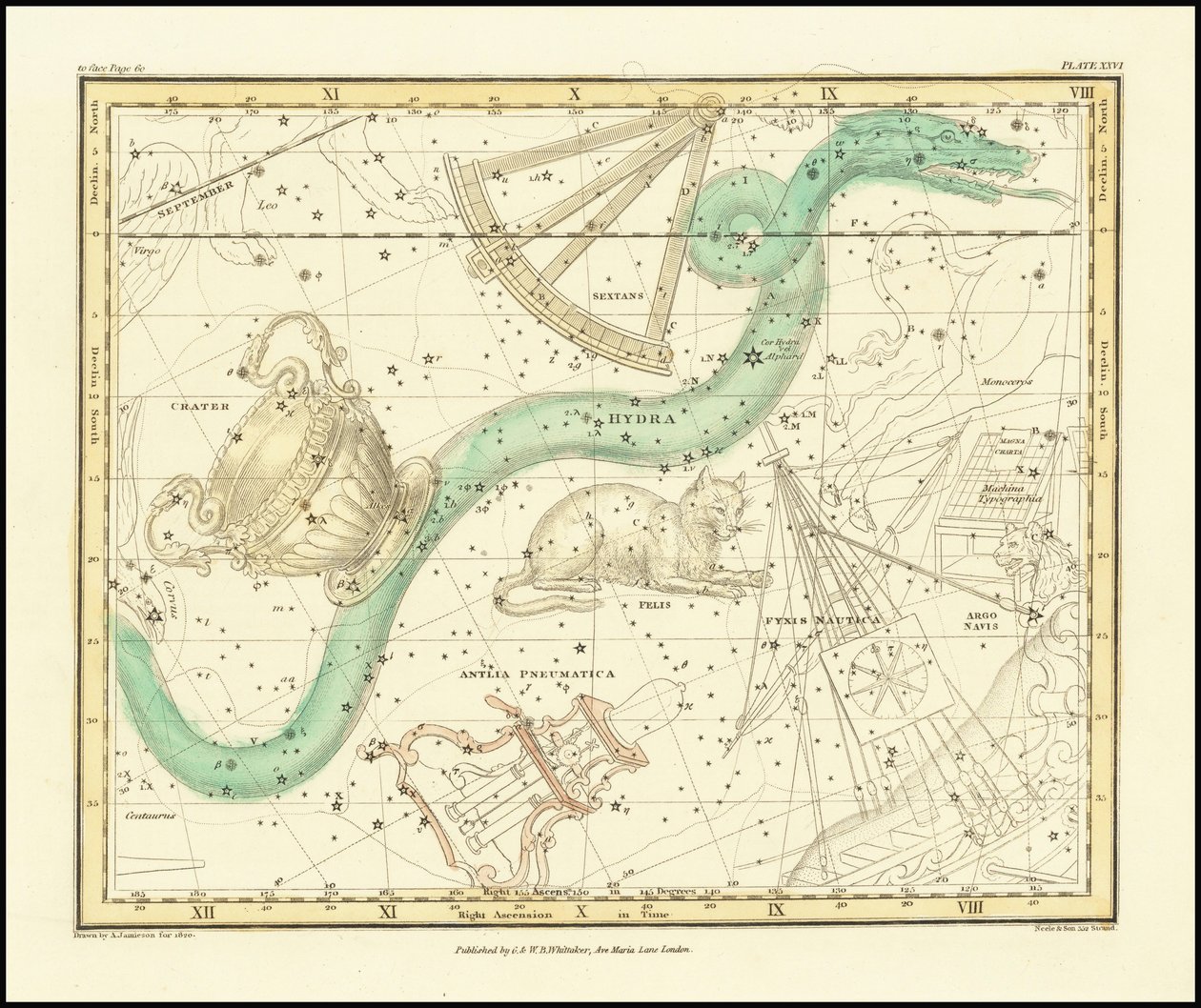 1822 - Alexander Jamieson - Hydra Sextans Felis och krater av Alexander Jamieson
