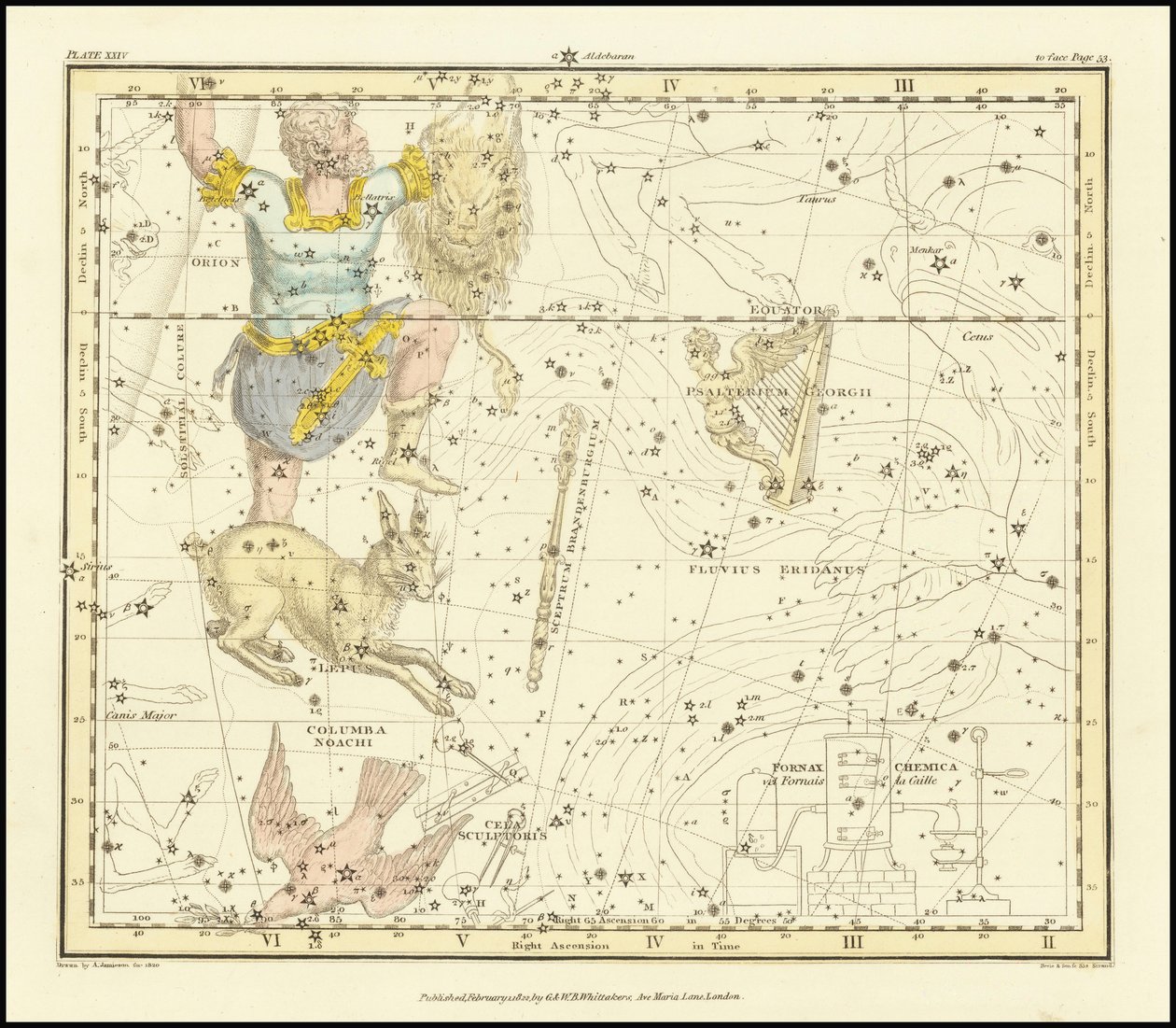 1822 - Alexander Jamieson - Orion, Psaltriem Georgii, Sceptrum Brandenburgium, Lepus och Columba Noachi av Alexander Jamieson