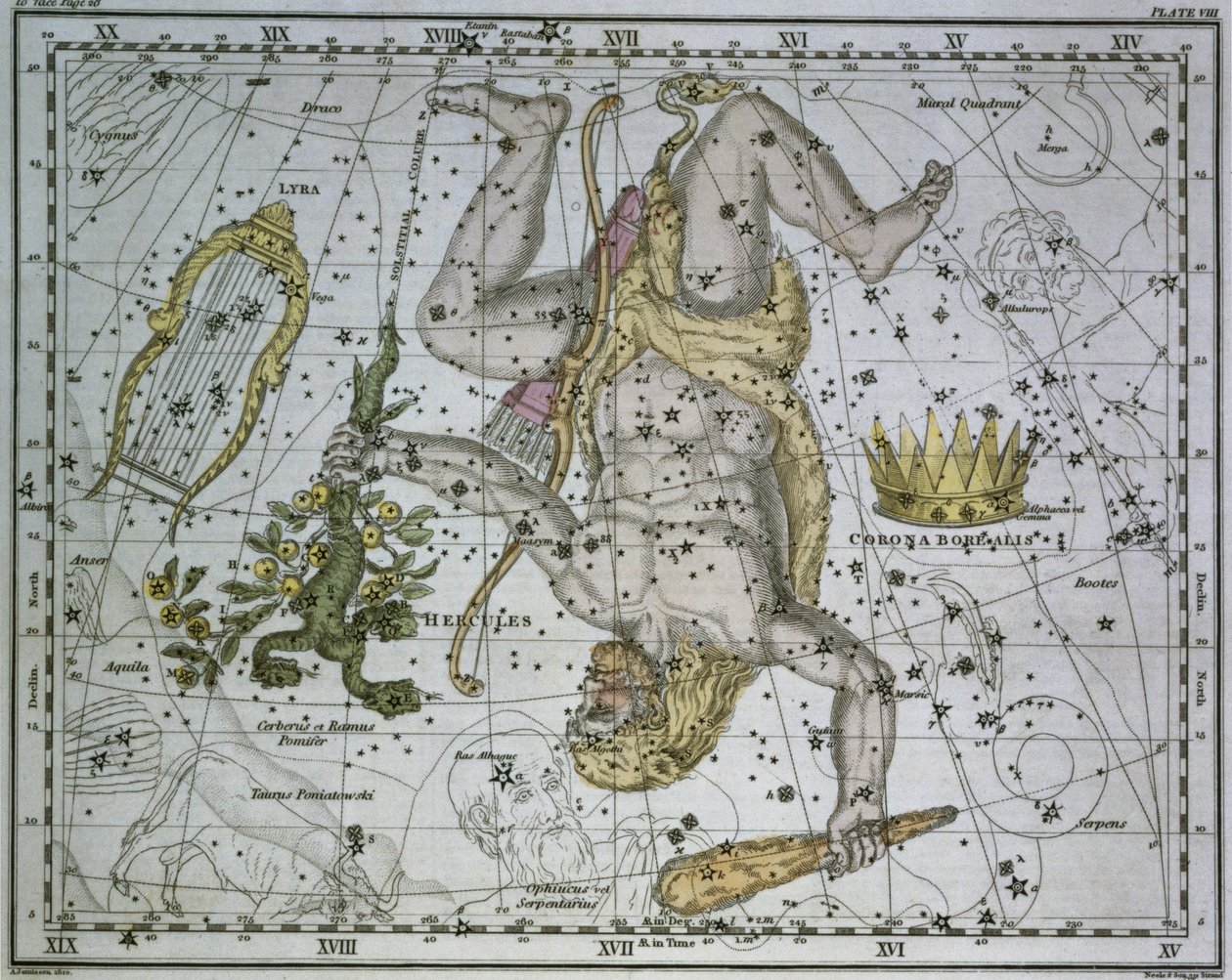 Hercules, från "A Celestial Atlas", pub. år 1822 av Alexander Jamieson