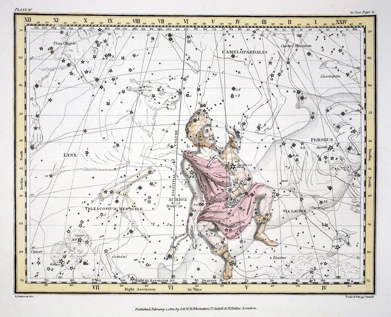 Konstellationerna (platta IV) Auriga, Camelopaardalis, Telescopium Herschelli, från "A Celestial Atlas" av Alexander Jamieson, pub. London 1822 (handfärgad gravyr) av Alexander Jamieson