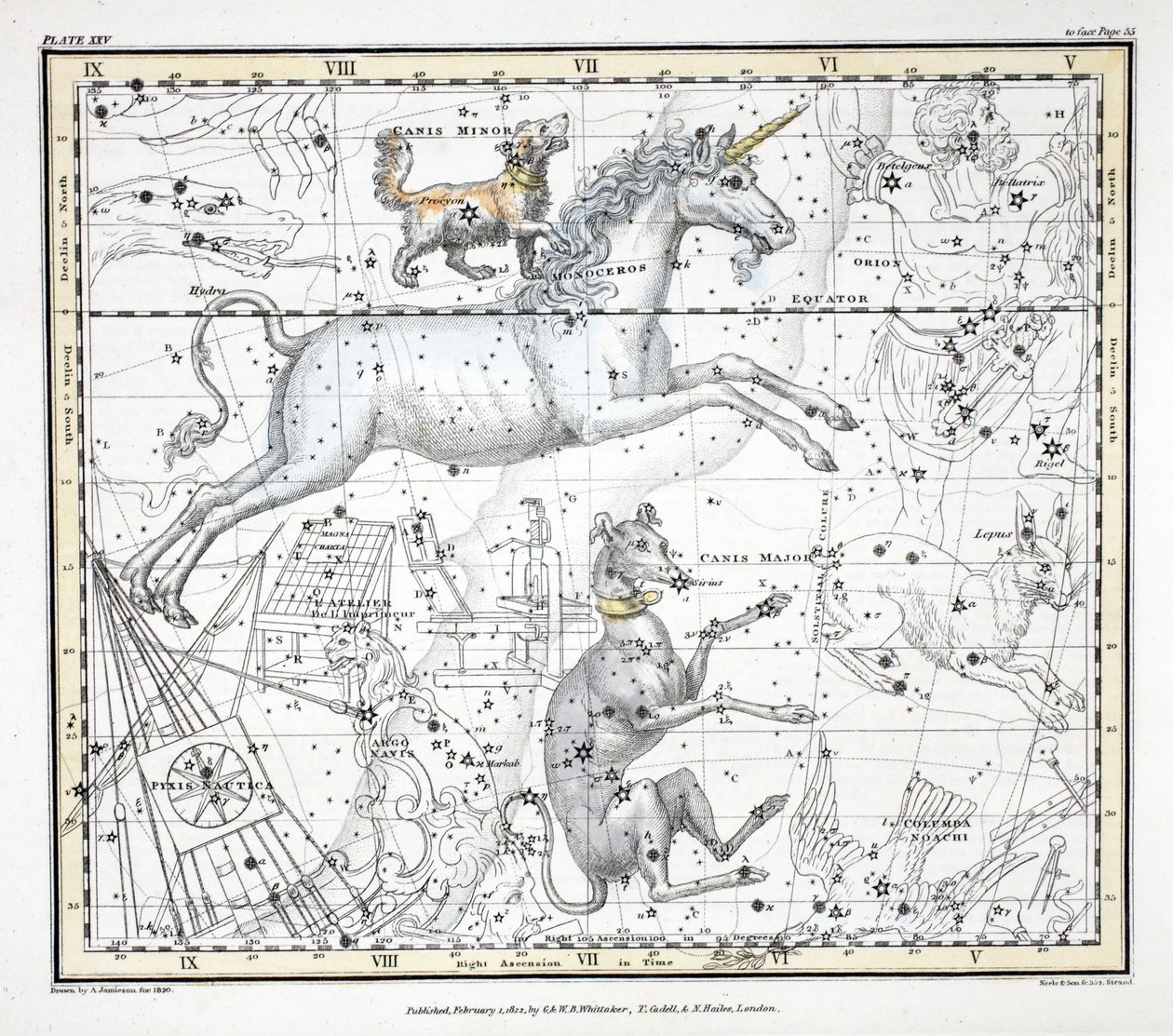 Konstellationerna (platta XXV) Canis Major, Canis Minor, Monoceros, Argo Ship, l