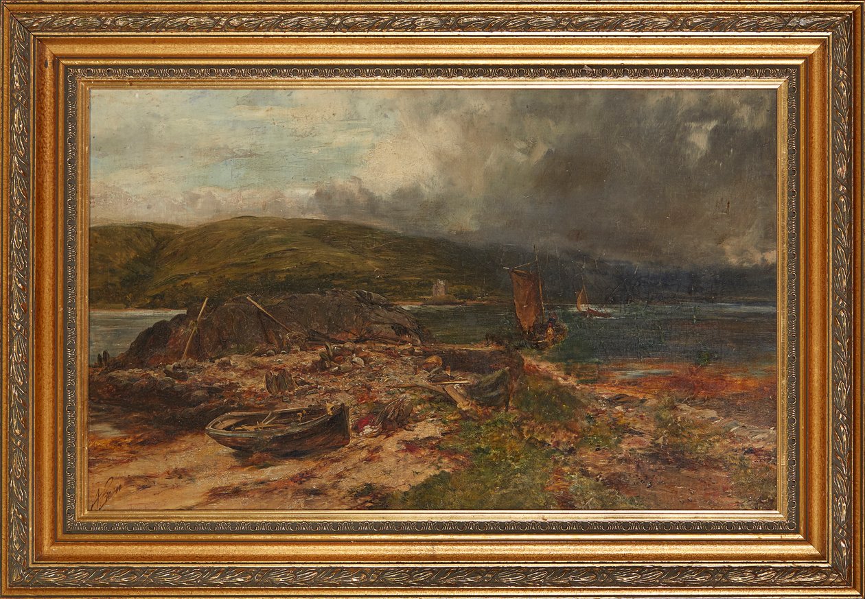 Campingplatsen (olja på duk ombord) av Alexander Jnr. Fraser
