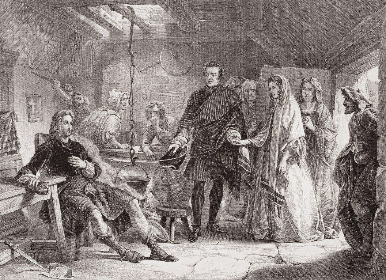Prins Charles och Flora Macdonalds första möte på ön South Uist, 1747, från "Illustrationer av engelsk och skotsk historia" volym II av Alexander Johnston