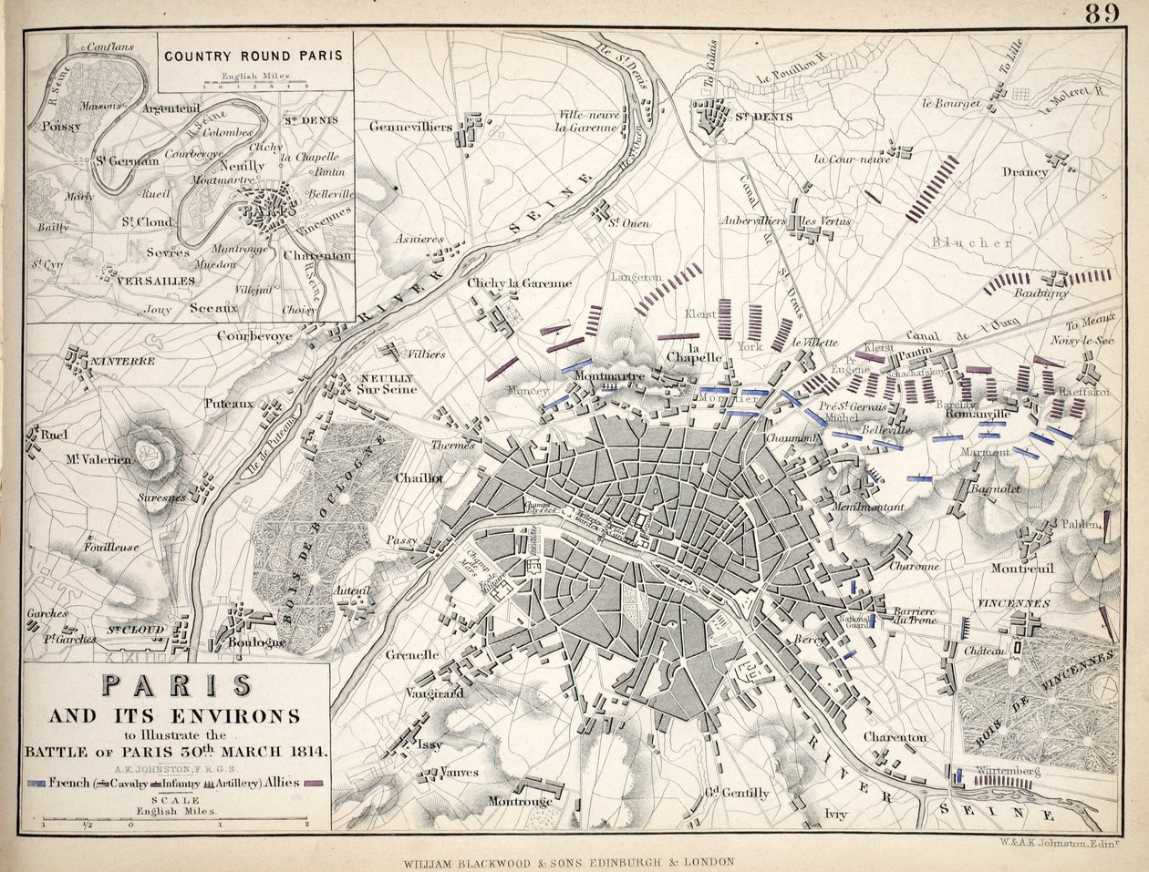 Karta över Paris och dess omgivningar, publicerad av William Blackwood and Sons, Edinburgh & London av Alexander Keith Johnston