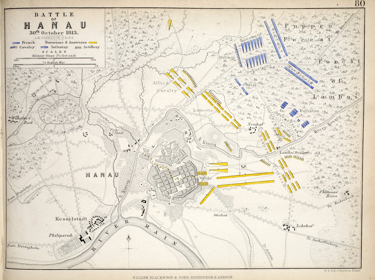 Karta över slaget vid Hanau, publicerad av William Blackwood and Sons, Edinburgh och London, 1848 (handfärgad gravyr) av Alexander Keith Johnston