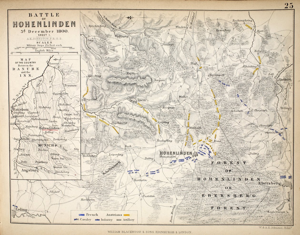 Karta över slaget vid Hohenlinden, utgiven av William Blackwood and Sons, Edinburgh und London, 1848 (handkolorerat gravyr) av Alexander Keith Johnston