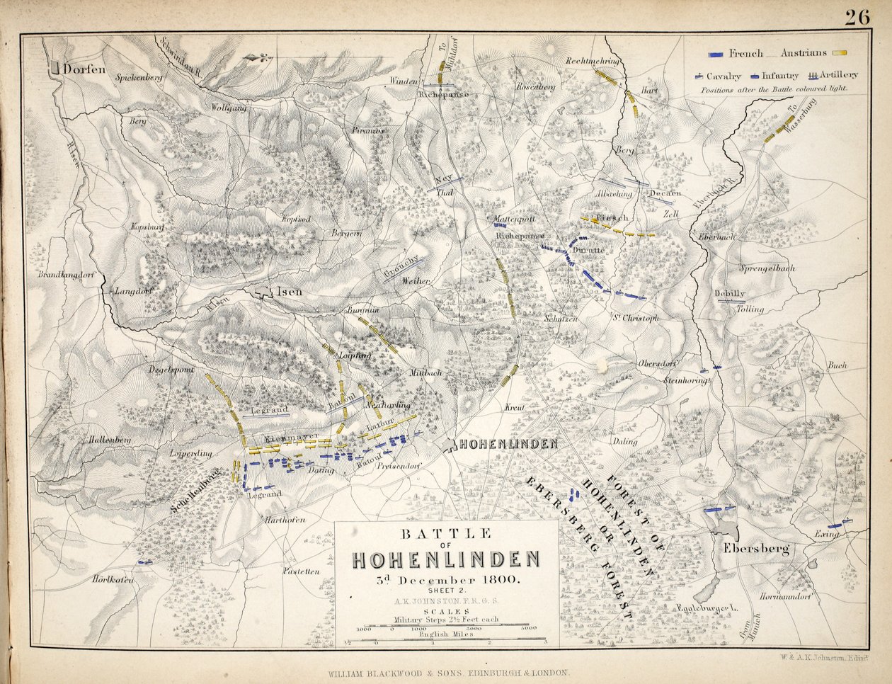 Karta över slaget vid Hohenlinden, publicerad av William Blackwood and Sons, Edinburgh och London, 1848 (handfärgad gravyr) av Alexander Keith Johnston