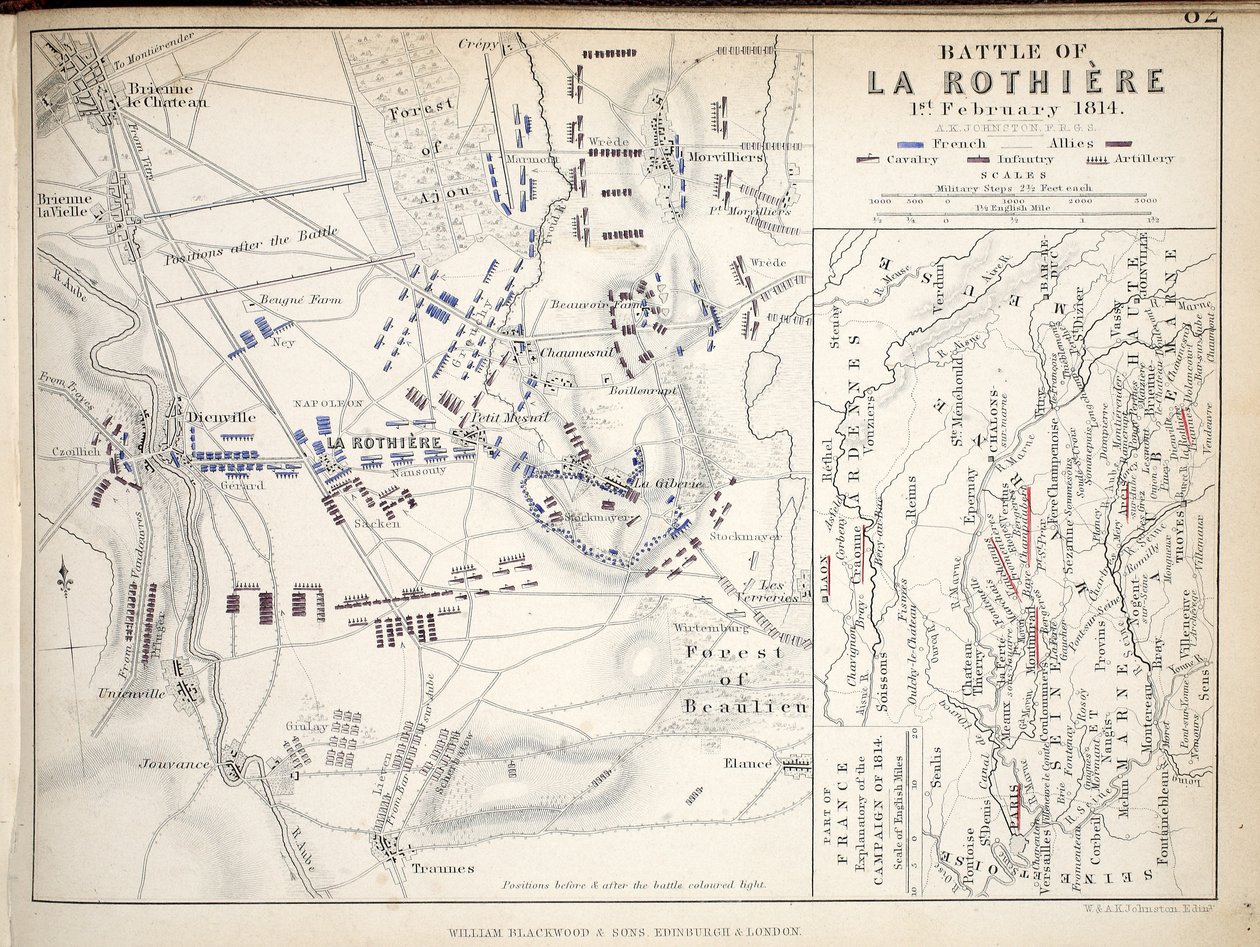 Karta över slaget vid La Rothiere, publicerad av William Blackwood and Sons, Edinburgh och London, 1848 (handfärgad gravyr) av Alexander Keith Johnston