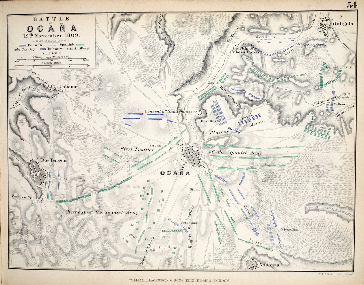 Karta över slaget vid Ocana, publicerad av William Blackwood and Sons, Edinburgh och London, 1848 (handfärgad gravyr) av Alexander Keith Johnston