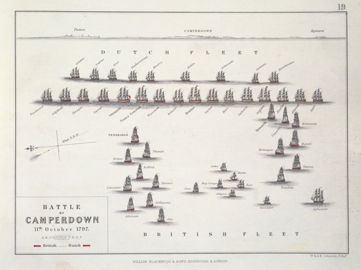 Plan för slaget vid Camperdown, 11 oktober 1797, ca 1830-talet av Alexander Keith Johnston
