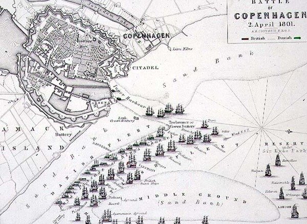 Plan för slaget vid Köpenhamn, 2 april 1801, ca 1830-talet (gravyr) av Alexander Keith Johnston
