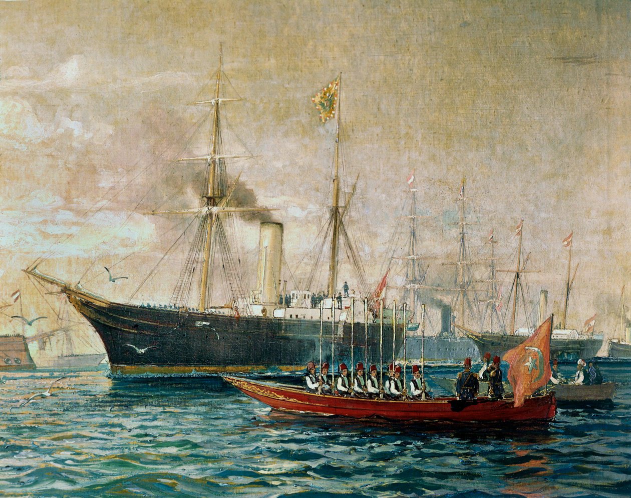Kejsar Franz Joseph I anländer ombord på sin HMS Greif till Port Said, för öppnandet av Suezkanalen ... (målning på duk) av Alexander Kirchner