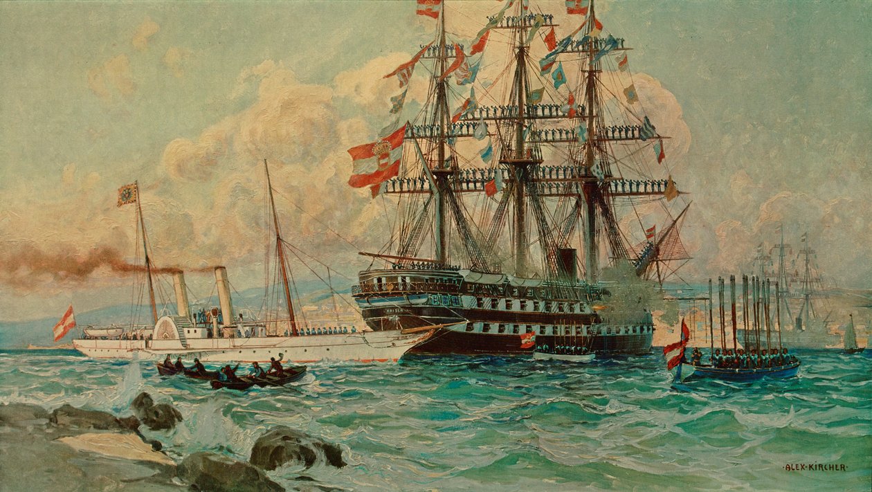 Den österrikiska yachten Fantasie och linjeskeppet Kaiser ... (målning på duk) av Alexander Kirchner