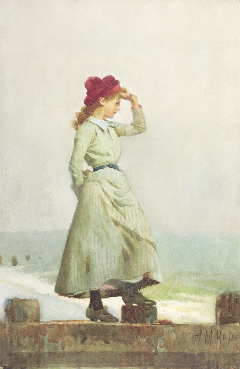 Ung flicka på havsväggen (akvarell på papper) av Alexander M. Rossi