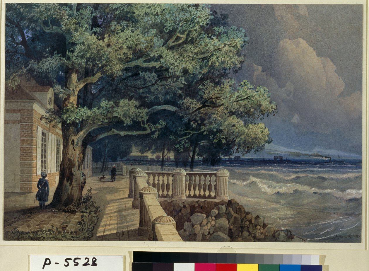 ""Utsikt över terrassen på Monplaisir-palatset, Peterhof-palatset"" (Terrass i Monplaisir-palatset, Peterhof) Akvarell av Alexander Matveyevich Dorogov (1819-1850) 1847 State Eremitage, St Petersburg (Eremitagemuseet, Sankt Petersburg) av Alexander Matveyevich Dorogov