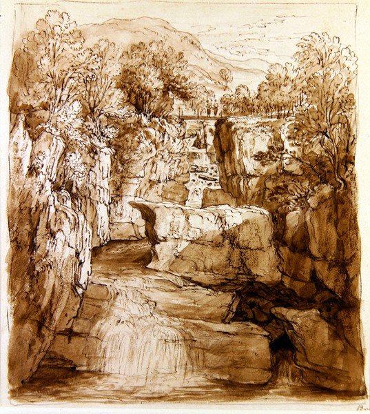The Bracklinn Falls, Perthshire, ca 1810 (penna och brunt bläck med tvätt på papper) av Alexander Nasmyth