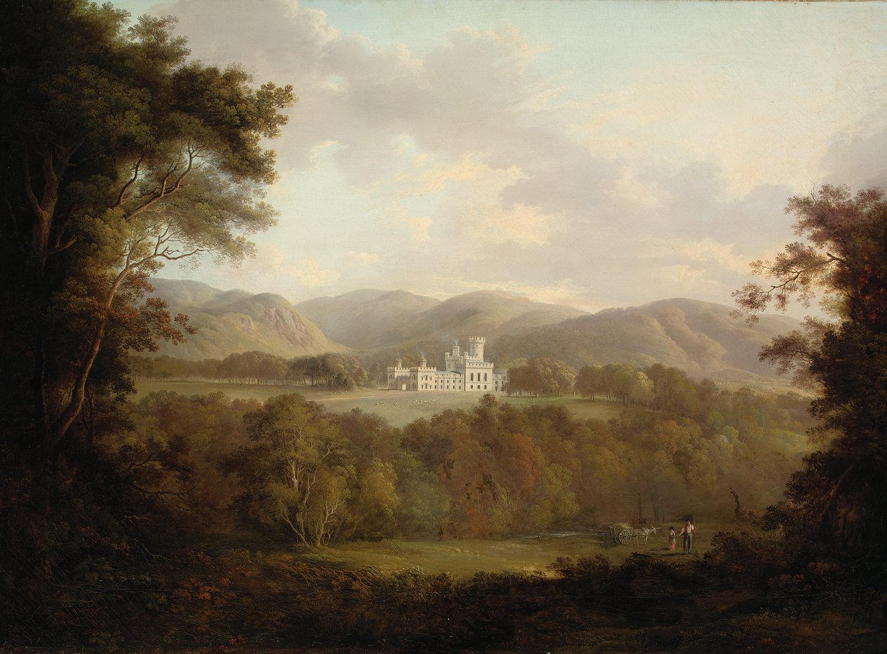 Utsikt över Dreghorn Castle, Midlothian, med figurer och en hövagn i förgrunden (olja på duk) av Alexander Nasmyth