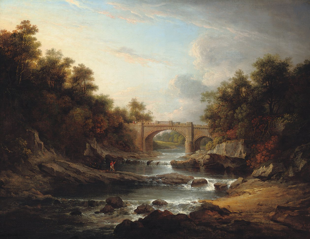 Utsikt över floden Almond, nära Edinburgh, med Almondell Bridge och en fiskare av Alexander Nasmyth