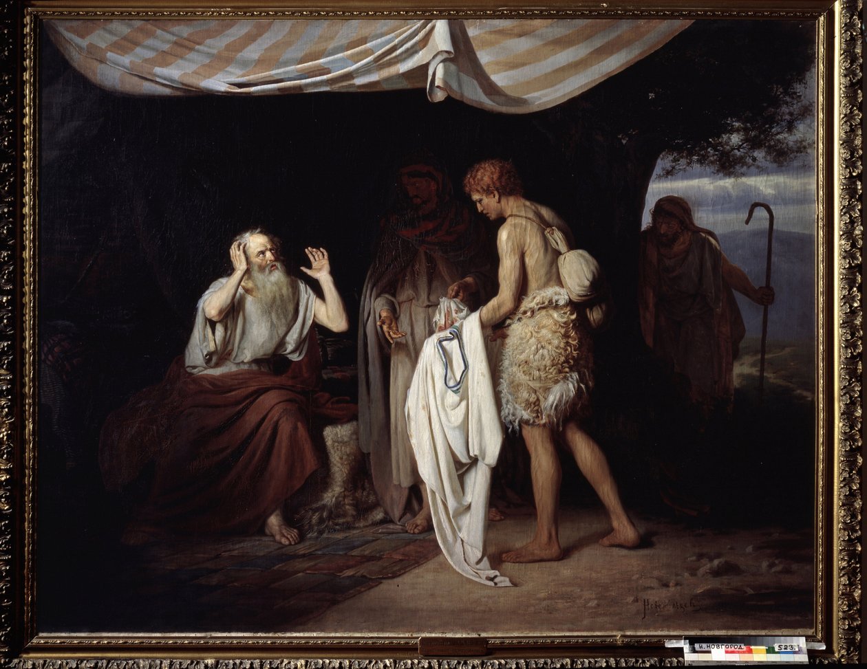 Josephs blodiga päls kom med till Jacob. Efter att ha sålt sin bror Josef till slaveri i Egypten, avundsjuka på sin fars förkärlek för Josef, överlämnar bröderna sin tunika till Jakob, för att av Alexander Nikanorovich Novoskoltsev