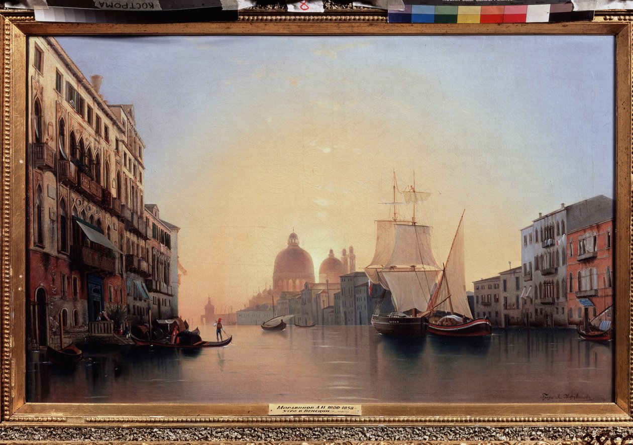 Morgon i Venedig (Italien) (morgon i Venedig). Segelbåtar och gondoler på Canal Grande med den uppgående solen, i bakgrunden framträder basilikan Santa Maria Della Salute. Målning av Alexander (Alexander) Nikolayevich Mordvinov (1799-1858), olja på duk av Alexander Nikolayevich Mordvinov