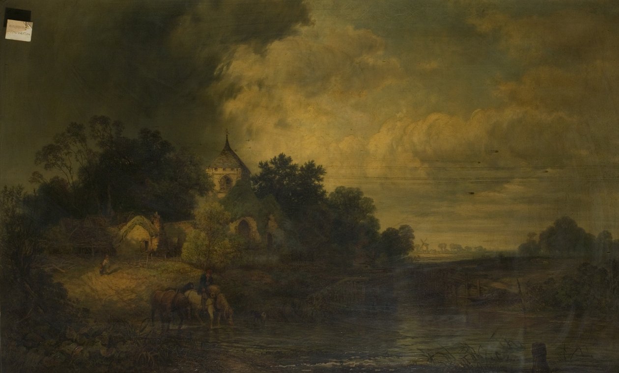 Romantiskt landskap med hästdrickande, sent 1800-tal av Alexander Panton