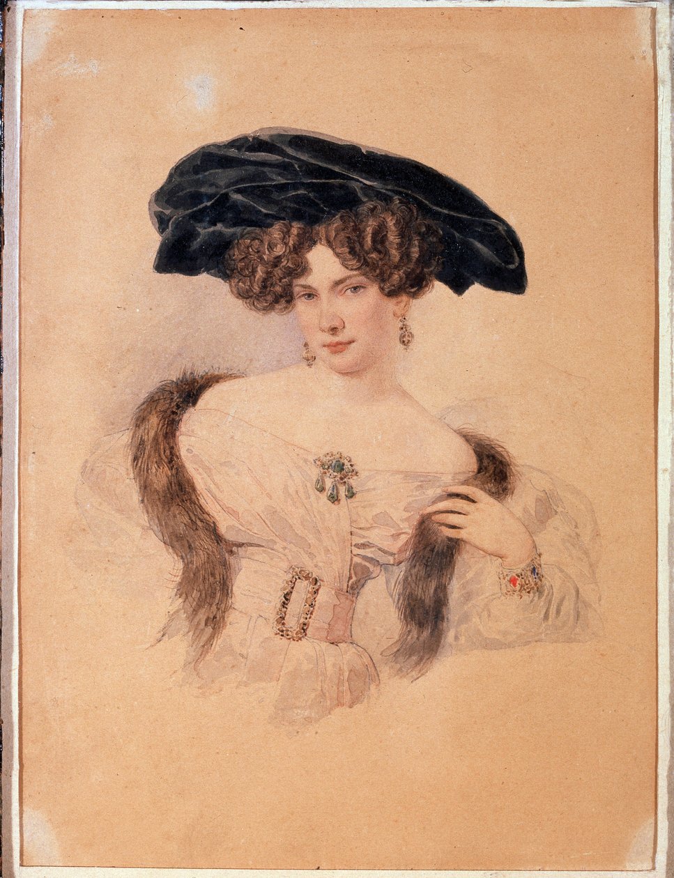 Porträtt av konstnären Yevdokiya Bakunina (1793-1882) i svart basker (Porträtt av konstnären Yevdokiya Bakunina i svart basker). Konstverk av Alexander Pavlovich Briullov (Alexander Briullov) (1798-1877). Akvarell på papper av Alexander Pavlovich Briullov