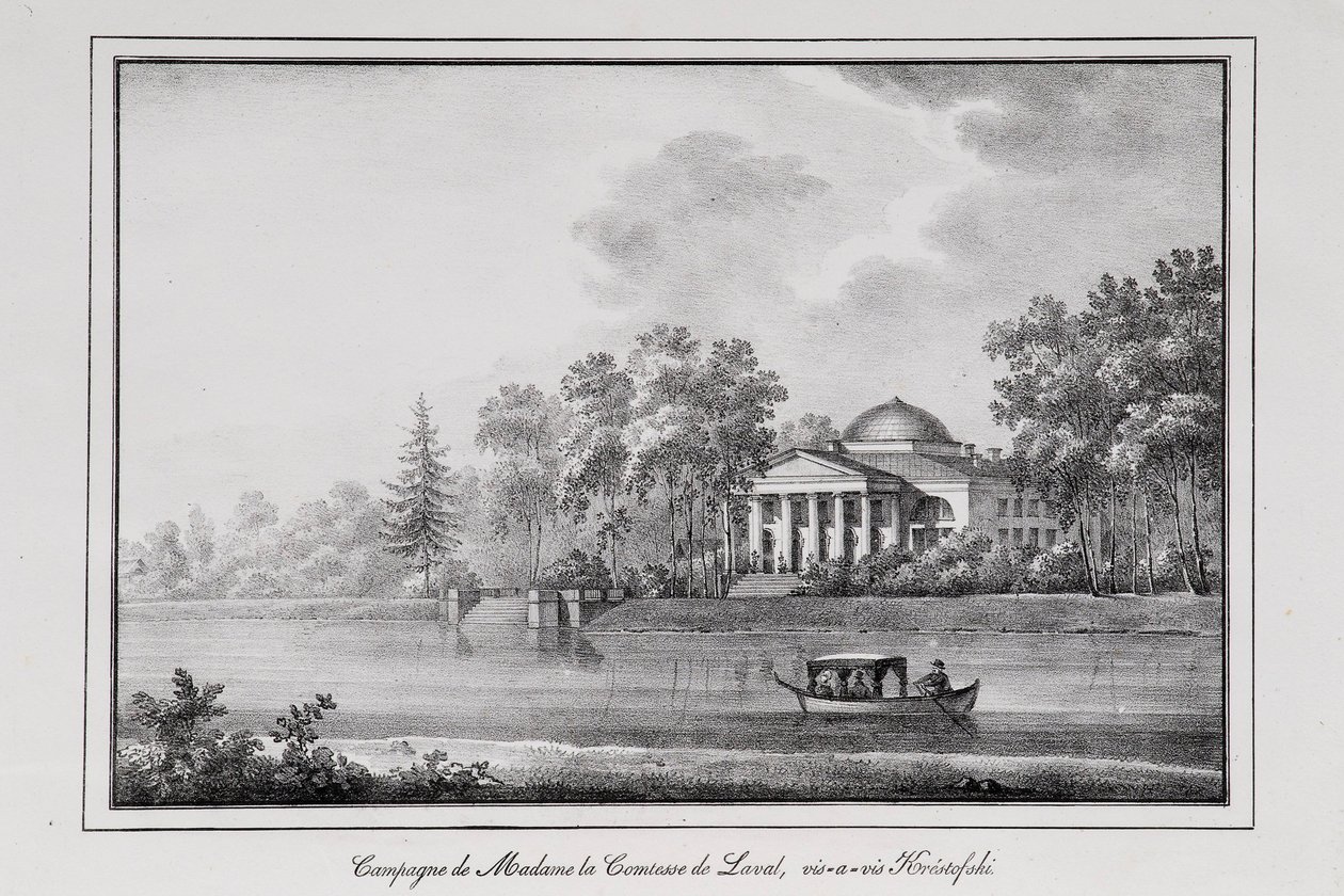 Grevinnan de Lavals sommarhus på Aptekarsky Island Series Views of Saint Petersburg, 1820s av Alexander Pluchart