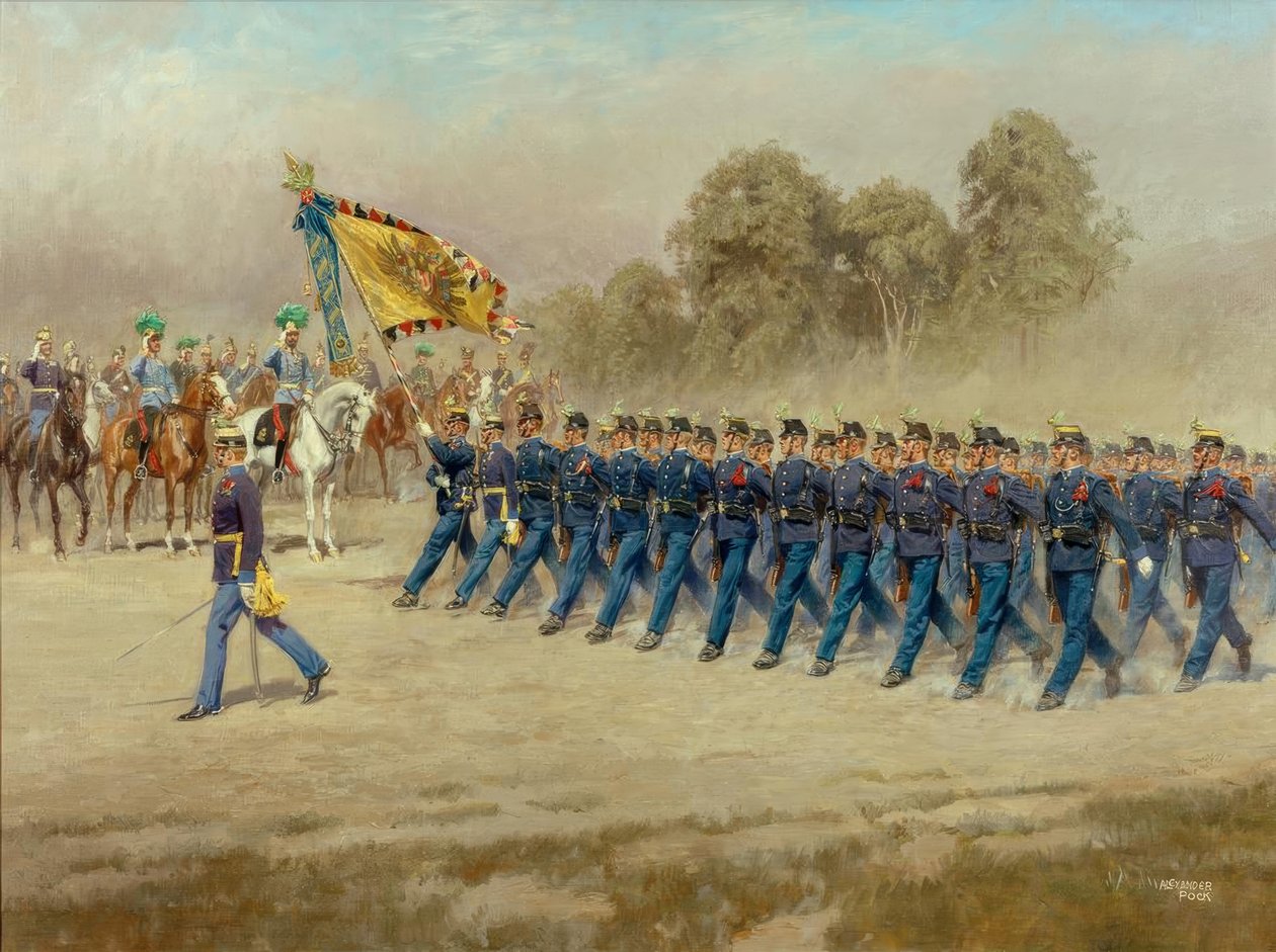 K. u. k. Hoch- und Deutschmeisters infanteriregemente nr 4 paraderar framför ärkehertig Eugene. av Alexander Pock