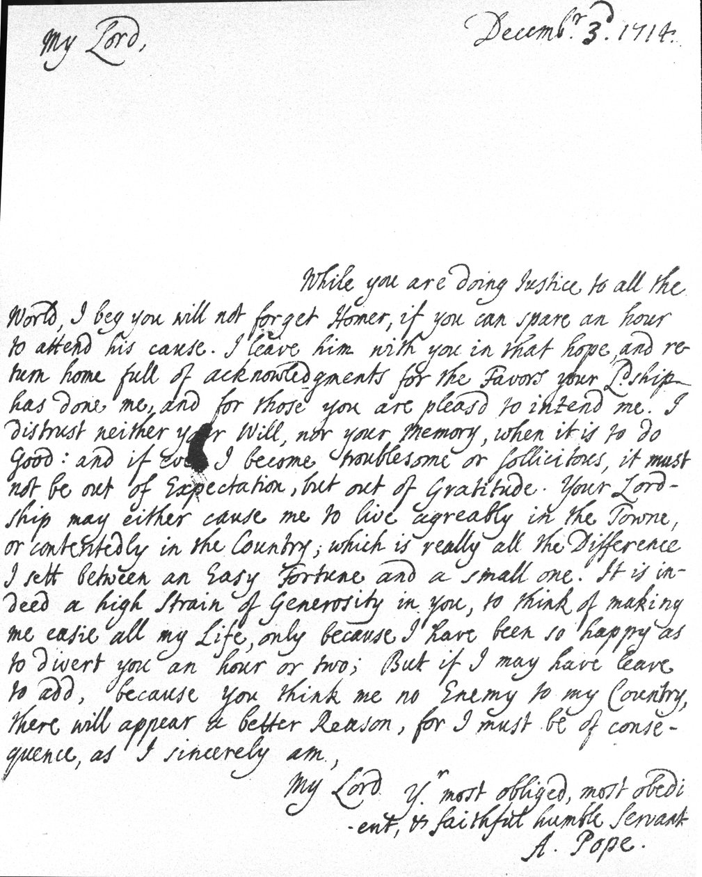Brev från Alexander Pope till Lord Halifax där han bad honom att inte glömma sin översättning av Homer, som han hade gett till Lord Halifax innan publiceringen och även tacka honom för tjänster och generositet, av Alexander Pope