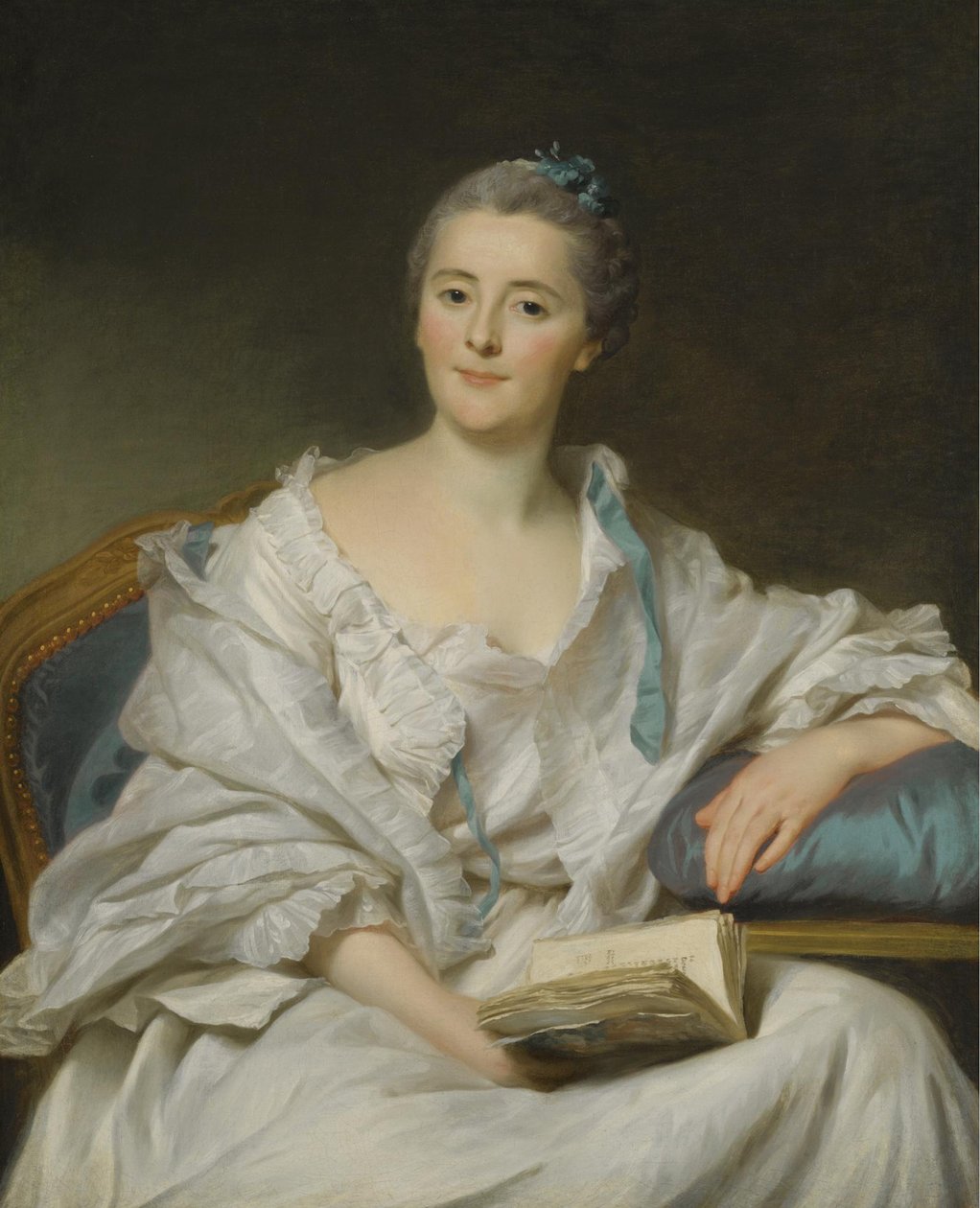 Porträtt av Marie-Françoise Julie Constance Filleul, Marquise de Marigny med en bok av Alexander Roslin