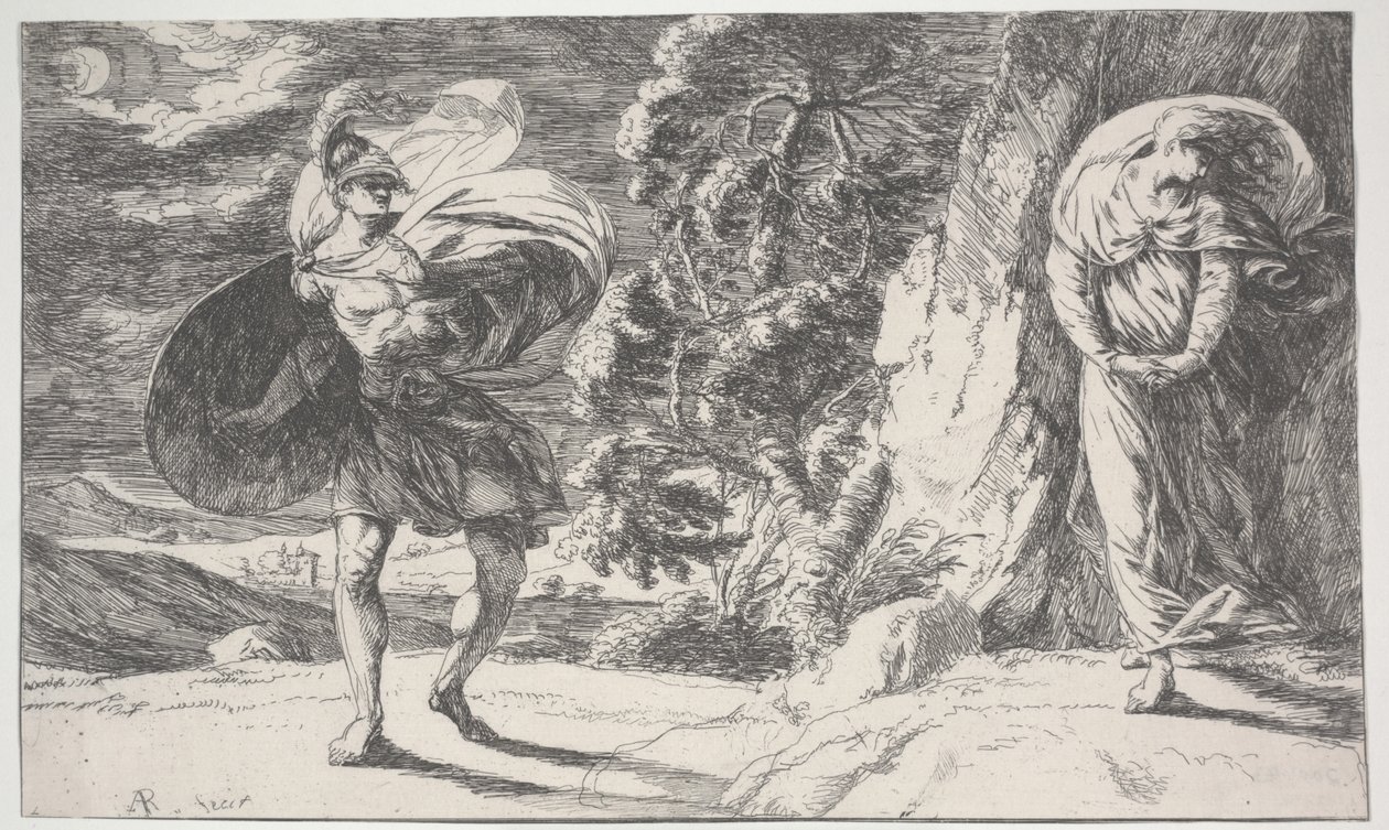 Fingal Encounters Carbon Carglass, först tryckt c.1773 (etsning) av Alexander Runciman