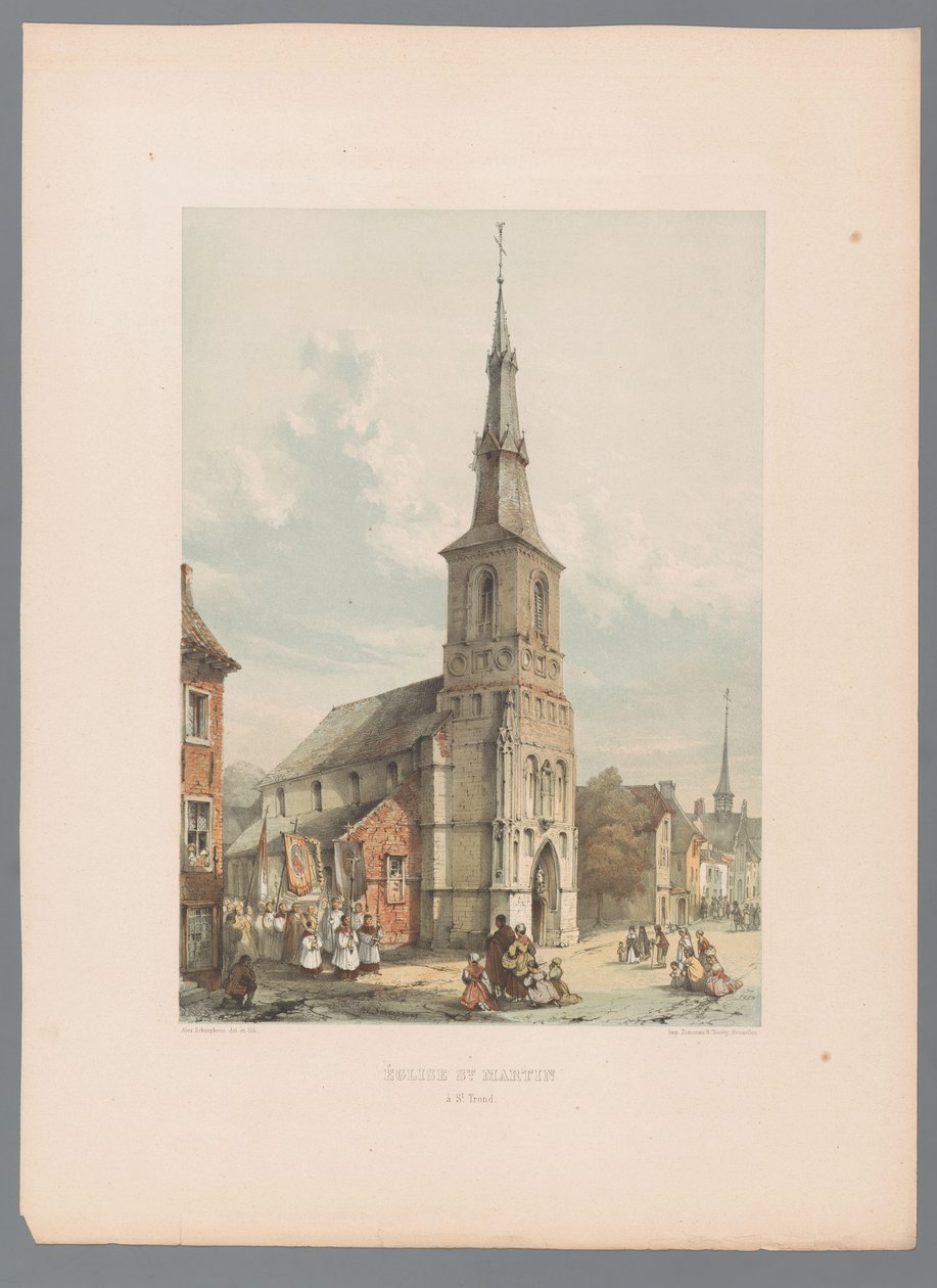 Utsikt över Saint Martin-kyrkan i Sint-Truiden Kyrkan St. Martin à St. Trond (titel på objektet) av Alexander Schaepkens
