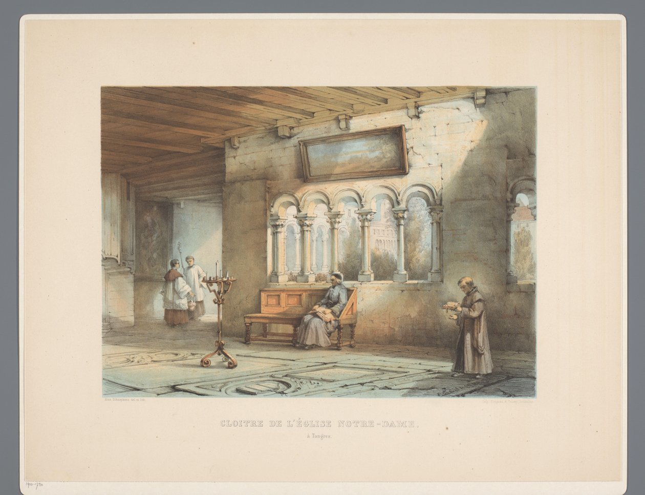Klooster van Onze-Lieve-Vrouwebasiliek te Tongeren Klostret i Notre-Dame-kyrkan, i Tongres (titel på objektet) Forntida arkitekturmonument från det elfte århundradet till det trettonde århundradet i Limburgs (serietitel) av Alexander Schaepkens