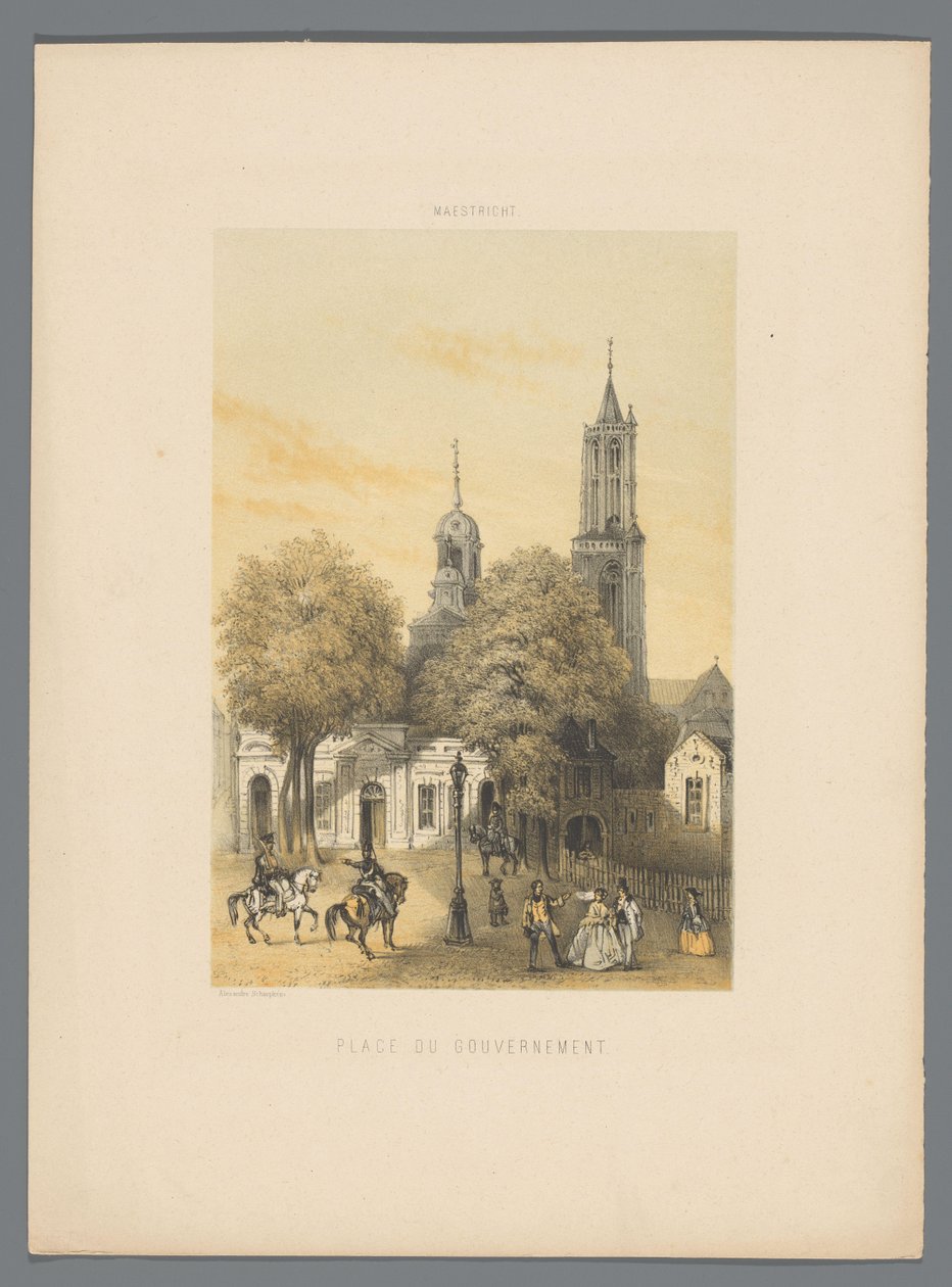 Gammalt vakthus med torg i Maastricht Place du gouvernement (titel på objekt) Monuments de Maastricht (serietitel) av Alexander Schaepkens
