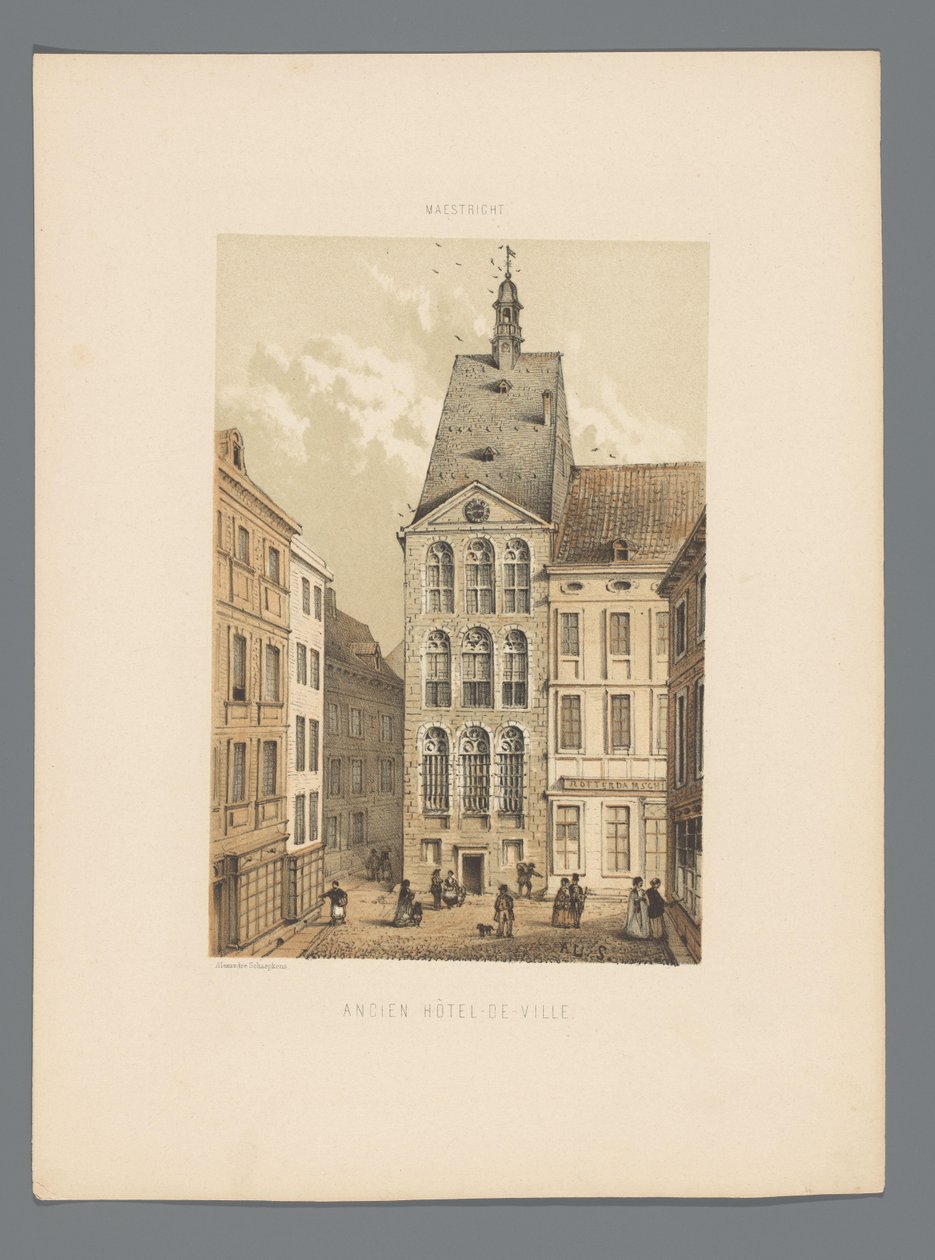Gamla rådhuset i Maastricht Ancien Hôtel-de-ville (titel på objekt) Monuments de Maastricht (serietitel) av Alexander Schaepkens