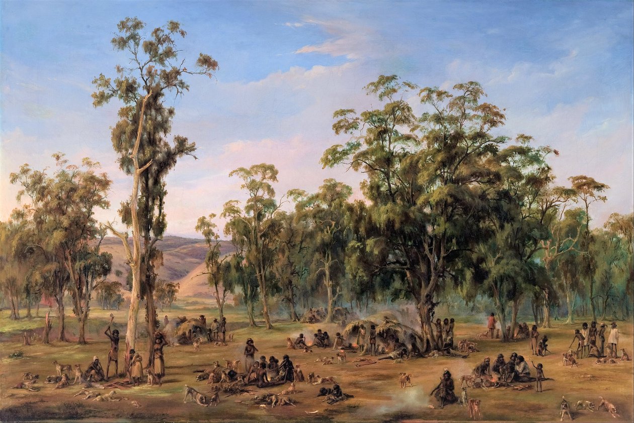 Ett aboriginiskt läger, nära Adelaide-foten av Alexander Schramm