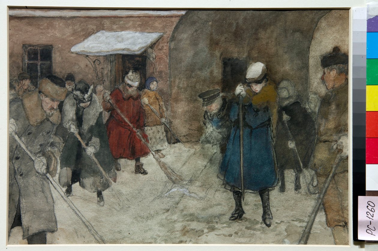 Människor som sopar snö på en gata på vintern - Verk av Alexander Ivanovich Vakhrameyev (1874-1926), cirka 1921 - Snöröjning - Akvarell, vit färg, svart krita på papper av Alexander Ivanovich Vakhrameyev (1874-1926), ca 1921 - 91.4x2 ,5 cm - St av Alexander Vakhrameyev