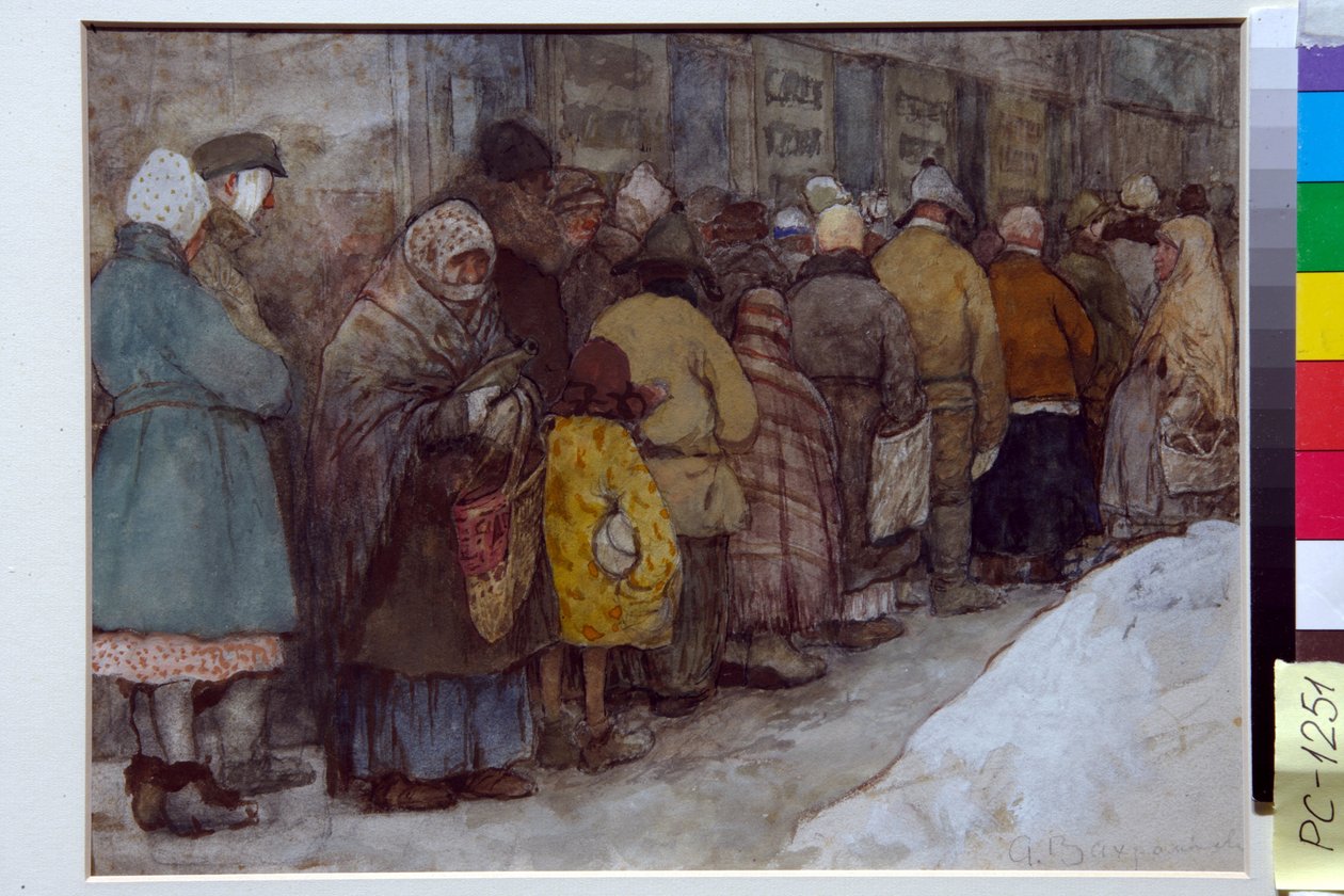 Kö i Ryssland under hungersnöden 1920-1921 - Konstverk av Alexander Ivanovich Vakhrameyev (1874-1926), cirka 1921 - Kön - Akvarell, vit färg, svart krita på papper av Alexander Ivanovich Vakhrameyev (1874-1926), ca 1926 22x29,5 cm - av Alexander Vakhrameyev
