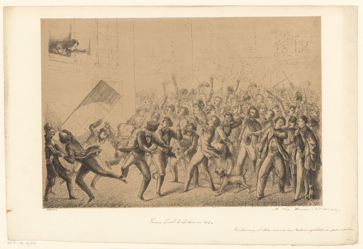 Firande studenter hälsar sin idol Franz Liszt Franz Liszt i Leiden 184* (titel på objekt) Från det förflutna (serietitel) av Alexander Ver Huell (signed by artist)