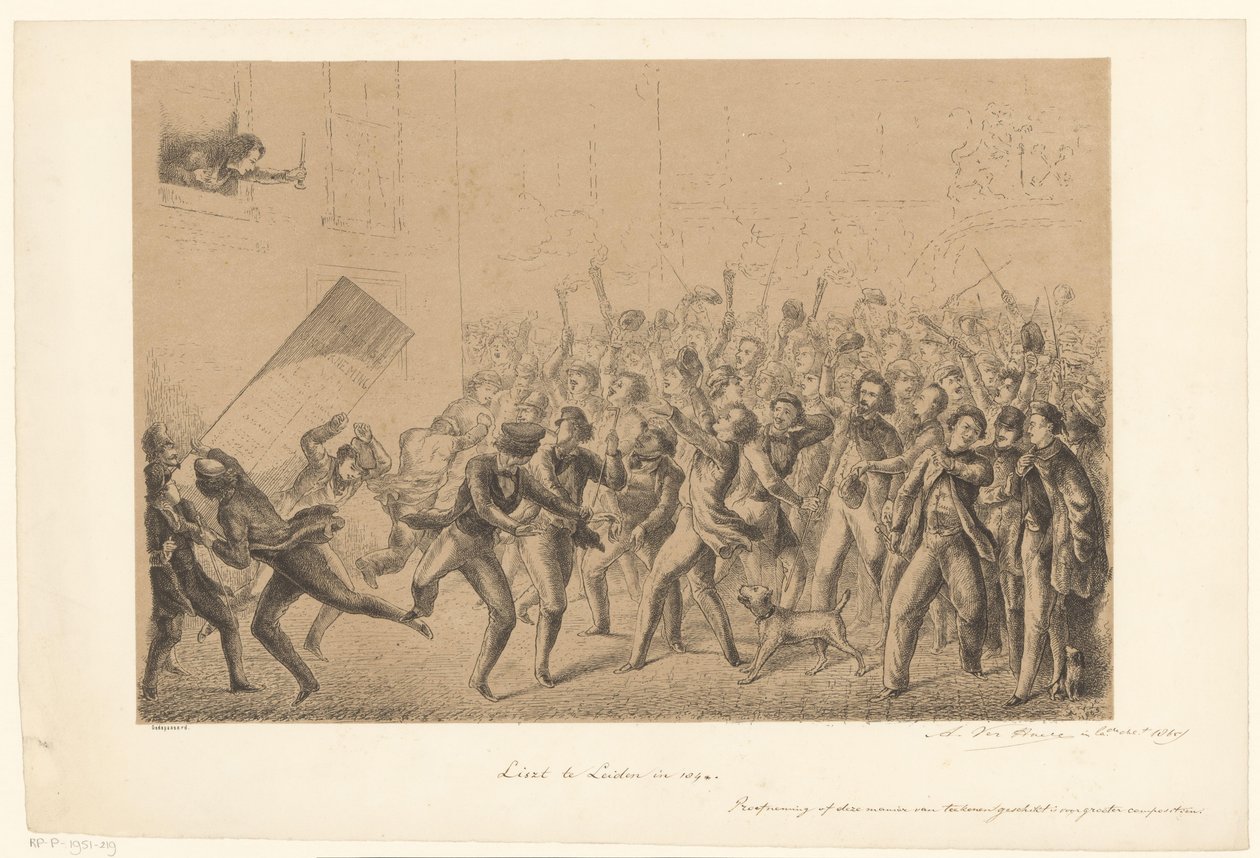 Firande studenter hälsar sin idol Franz Liszt Liszt i Leiden 184* (titel på objekt) Från det förflutna (serietitel) av Alexander Ver Huell (signed by artist)