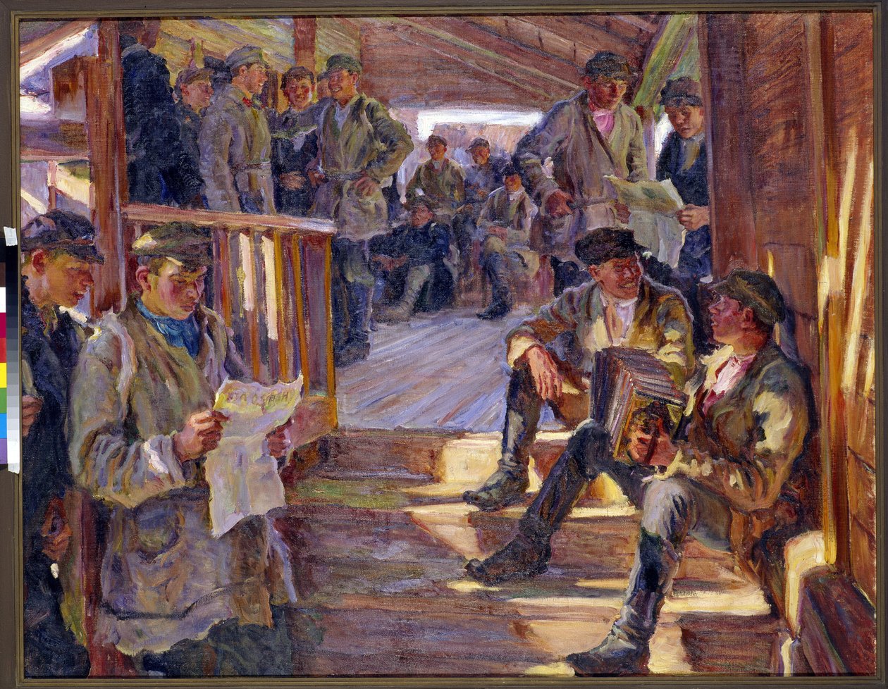 Scen på en rysk armépost där män pratar, läser, spelar dragspel. (På en rekryteringsstation). Målning av Alexander Viktorovich Moravov (Alexander Victor) (1878-1951) av Alexander Viktorovich Moravov