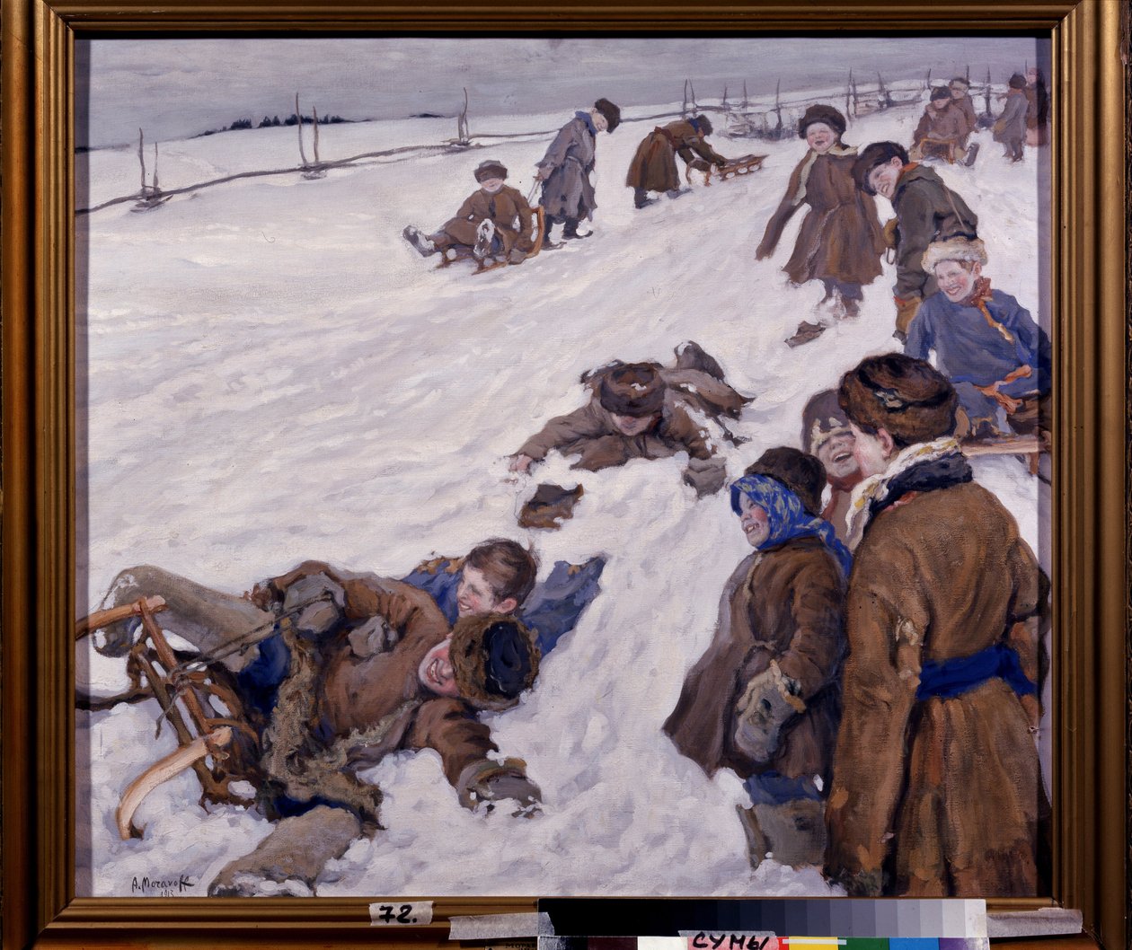 Vintersport (Vintersport). Slädeplats, i ett snöigt fält, varmt klädda barn som har roligt och skrattar högt. Målning av Alexander Viktorovich (Alexander Victor) Moravov (1878-1951), olja på duk av Alexander Viktorovich Moravov