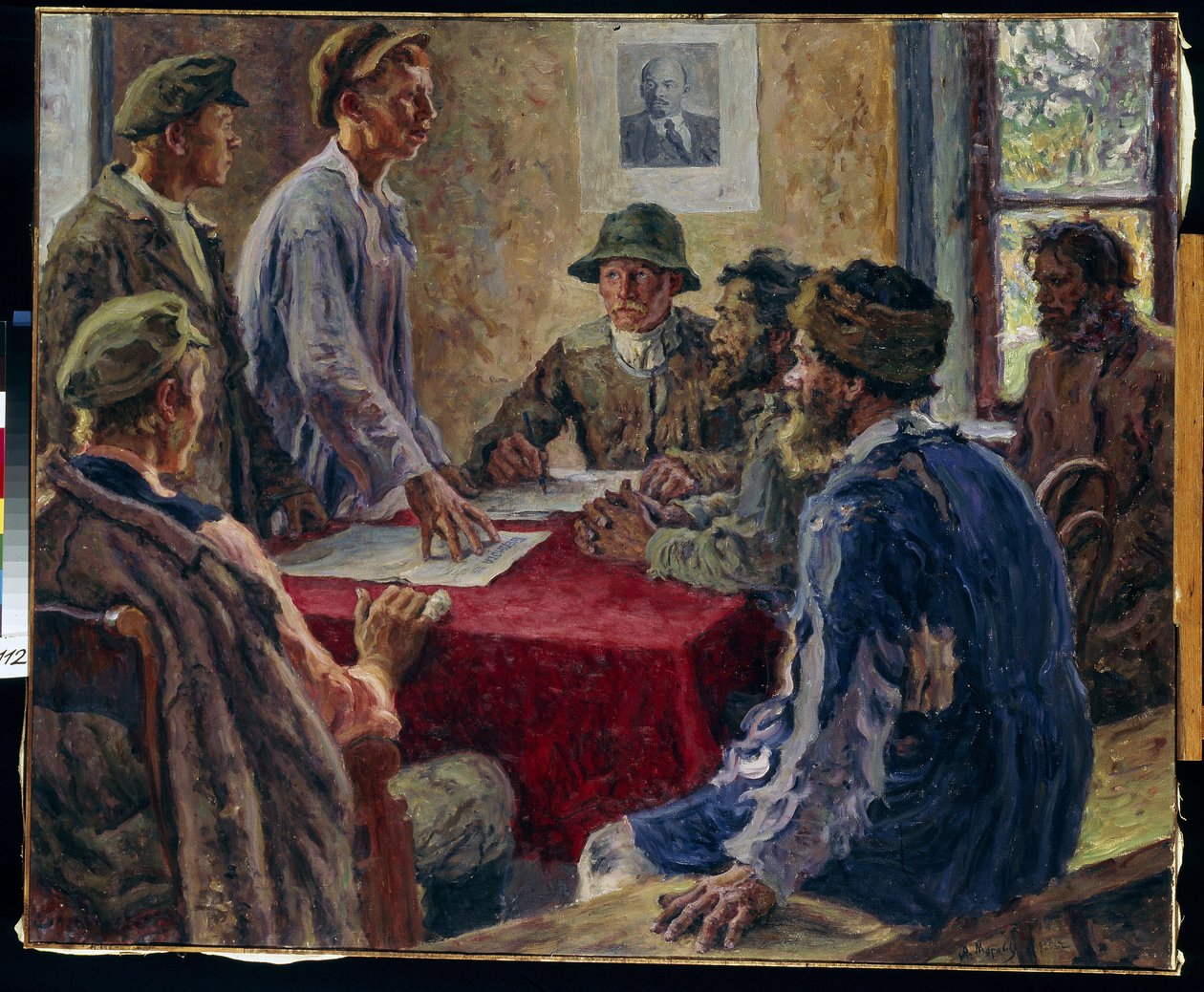 Ett möte i fattigböndernas kommitté 1918 (A Sitting of the Poor Peasants Committee 1918). Målning av Alexander Viktorovich Moravov (Alexander Victor) (1878-1951), olja på duk av Alexander Viktorovich Moravov