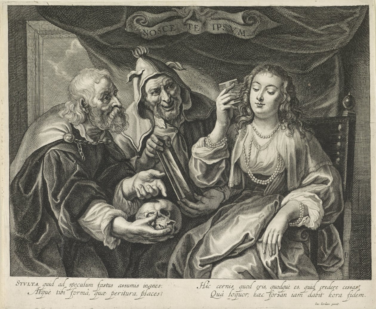 Kvinna med en kam ser i en spegel Nosce te Ipsvm (titel på objekt) av Alexander Voet (II)
