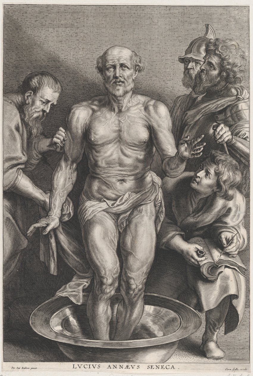 The Death of Seneca, stående i centrum med fötterna i en bassäng med vatten, supporte..., ca. 1655-78. av Alexander Voet