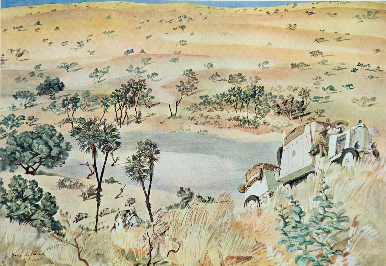 Lämnar en Kpro (kyvett) i Tehad-regionen, från Drawings and Paintings of Africa, utförd under Citroen Center Africa-expeditionen, andra Haardt Audouin-Dubreuil-uppdraget, pub. Paris, 1927 av Alexander Yakovlev