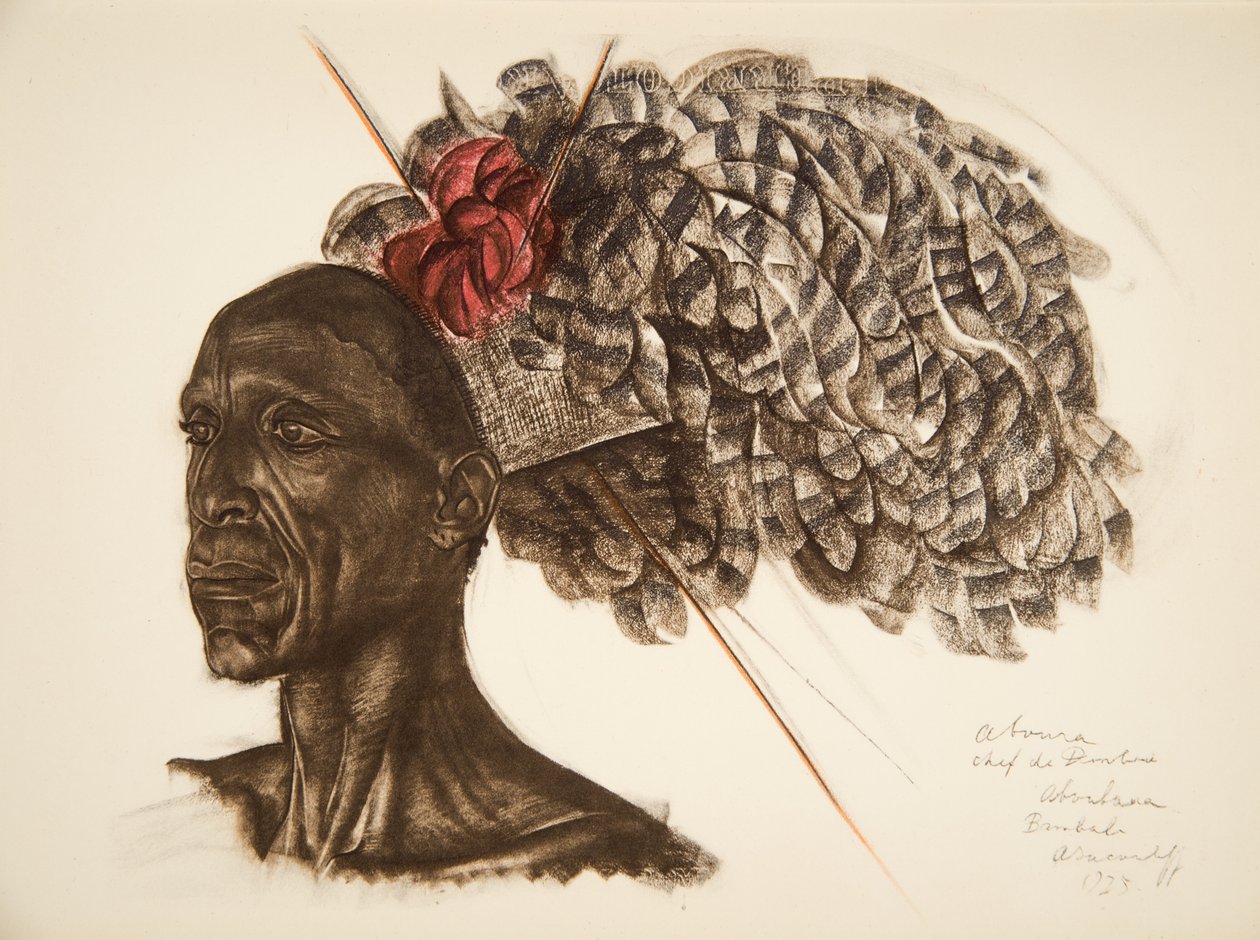Aboura, chef Ababoua (Bambili), från Drawings and Paintings of Africa, avrättad under Citroen Center Africa-expeditionen, andra Haardt Audouin-Dubreuil-uppdraget, pub. Paris, 1927 av Alexander Yakovlev