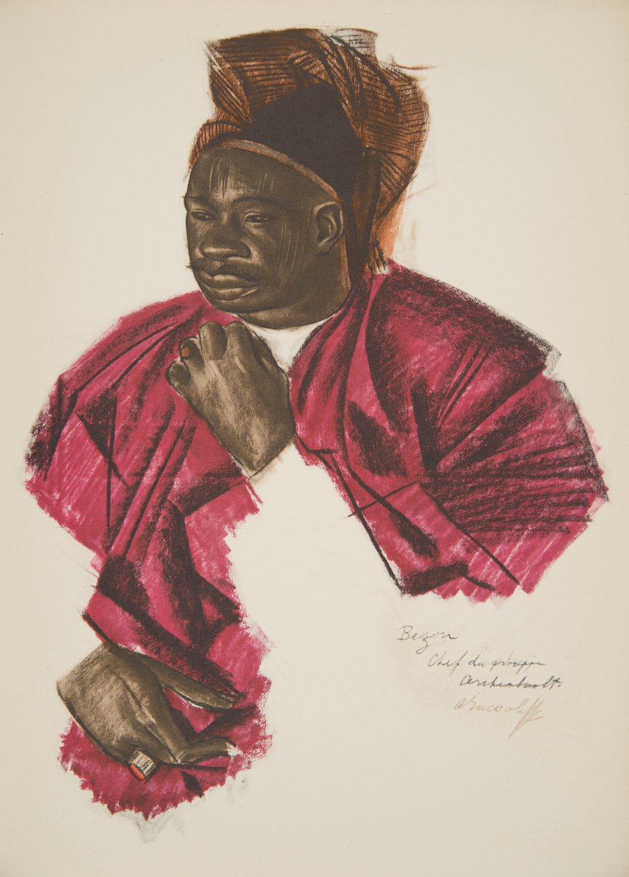 Bezou, gruppledare (Fort Archambault), från Drawings and Paintings of Africa, avrättad under Citroen Center Africa-expeditionen, andra Haardt Audouin-Dubreuil-uppdraget, pub. Paris, 1927 (kol av Alexander Yakovlev