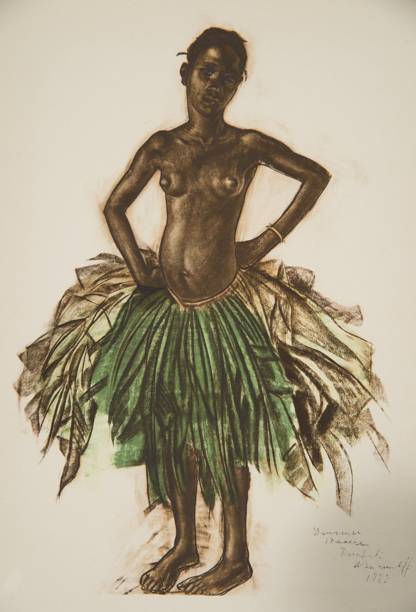 Dancer Makere (Bambili), från Drawings and Paintings of Africa, avrättad under Citroen Center Africa-expeditionen, andra Haardt Audouin-Dubreuil-uppdraget, pub. Paris, 1927 av Alexander Yakovlev